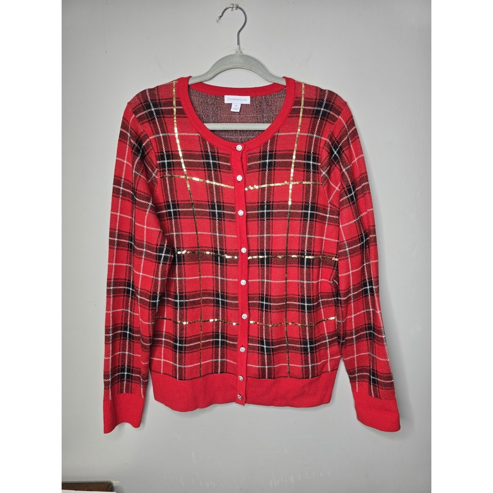 Charter Club Women's Cardigan Sweater Plaid Red Sequin Jewel Buttons Holiday XL